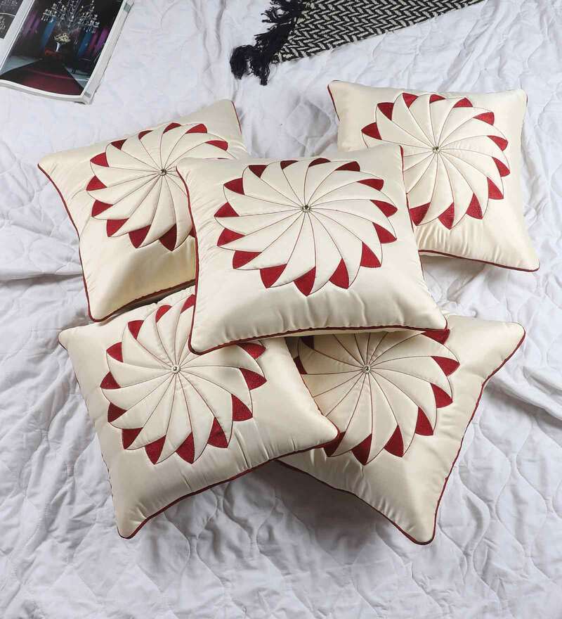 JDX Designer Decorative Silk Throw Cushion Cover for Couch, Sofa, Bed, Indoor, Living Room Bedroom 40x40 cm Set Of 5, Red (Cream)