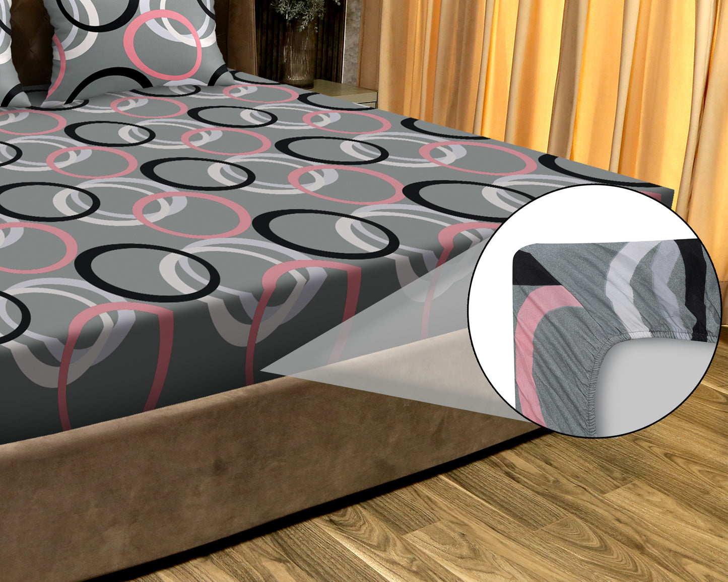 JDX BedSheet | Florel Printed Elastic Fitted Printed Queen Size Double Bed Bedsheet with 2 Pillow Cover (72"x78", Grey