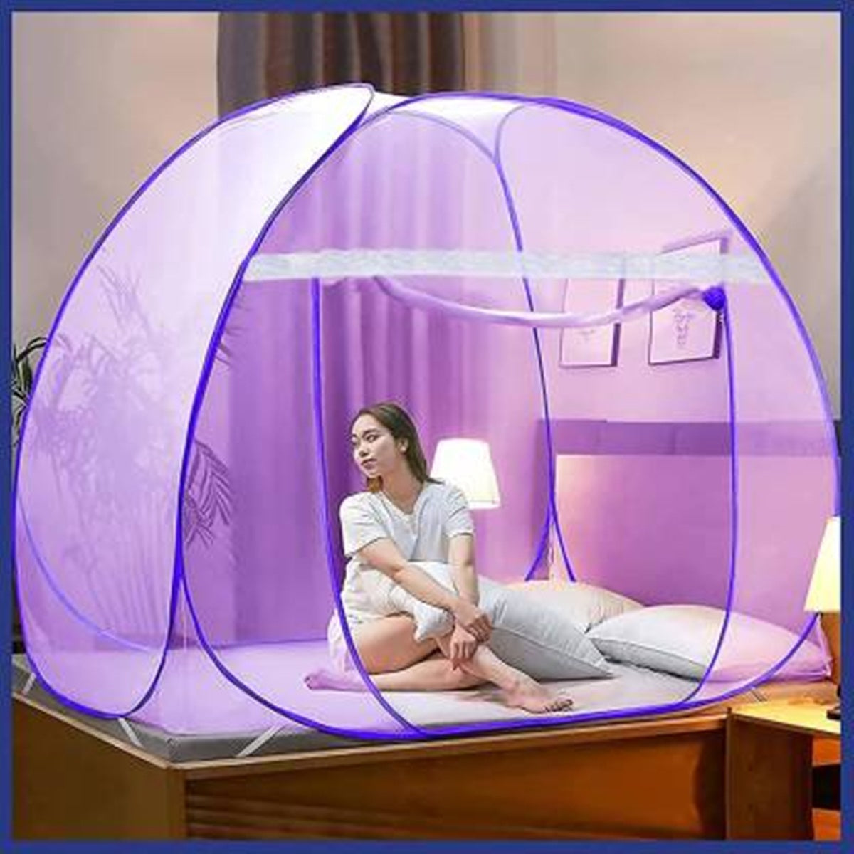 JDX Mosquito Net for Double Bed | Queen Size Foldable Machardani | Polyester 30GSM Strong Net | PVC Coated Corrosion Resistant Steel Wire - Blue | machardani