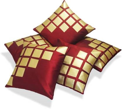 JDX Set of 5 Decorative Hand Made Sofa  Cushion Covers for living room - (16 X 16 INCHES), Red, Gold