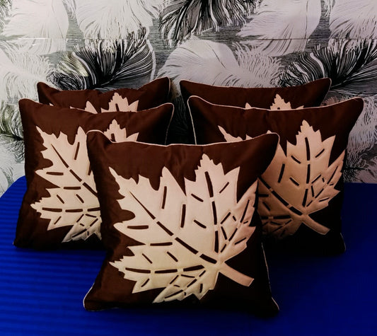 JDX Luxurious Hotel Quality Leaf Pattern Cushion Cover 16x16 Inches | Set of 5 Decorative Hand Made Velvet Throw/Pillow Cushion Covers - Brown