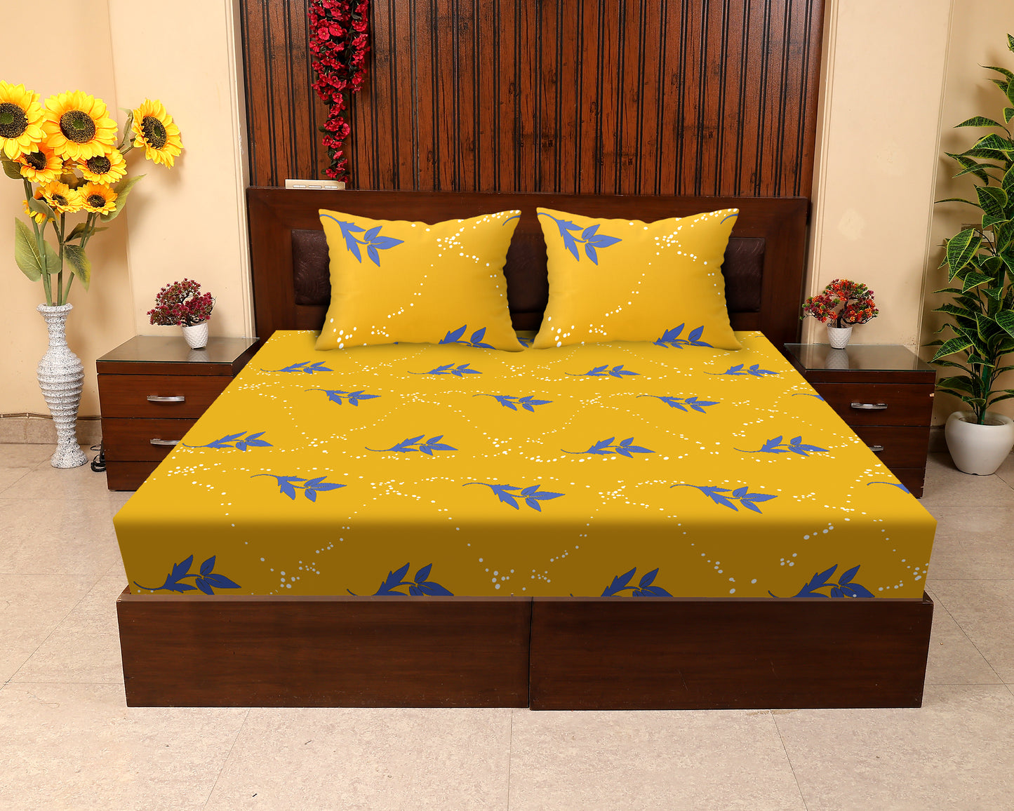 JDX BedSheet | Florel Printed Elastic Fitted Printed Queen Size Double Bed Bedsheet with 2 Pillow Cover (72"x78", Ambered Yellow)