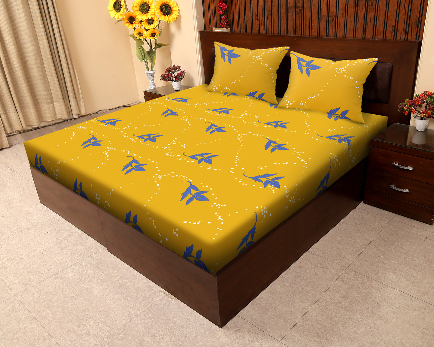 JDX BedSheet | Florel Printed Elastic Fitted Printed Queen Size Double Bed Bedsheet with 2 Pillow Cover (72"x78", Ambered Yellow)