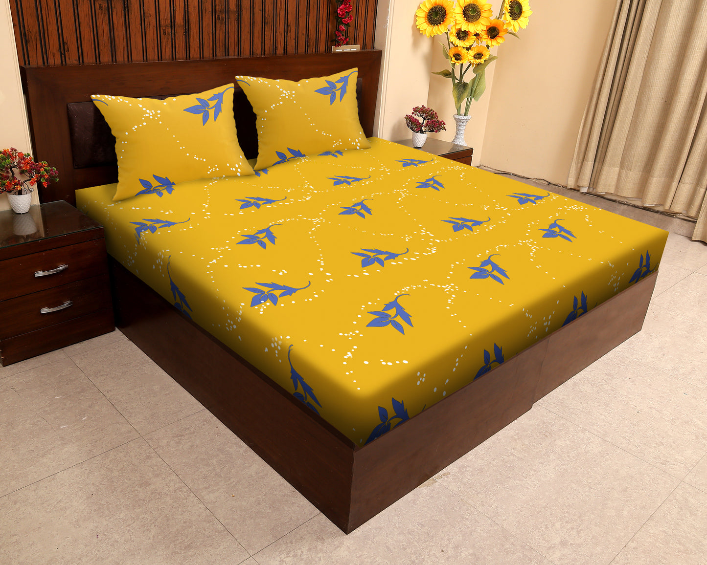 JDX BedSheet | Florel Printed Elastic Fitted Printed Queen Size Double Bed Bedsheet with 2 Pillow Cover (72"x78", Ambered Yellow)